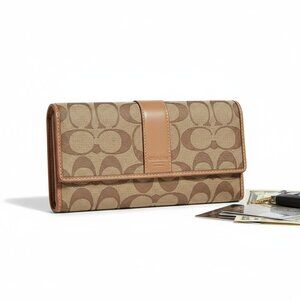 Coach Signature Canvas Brown Wallet with Leather Trim